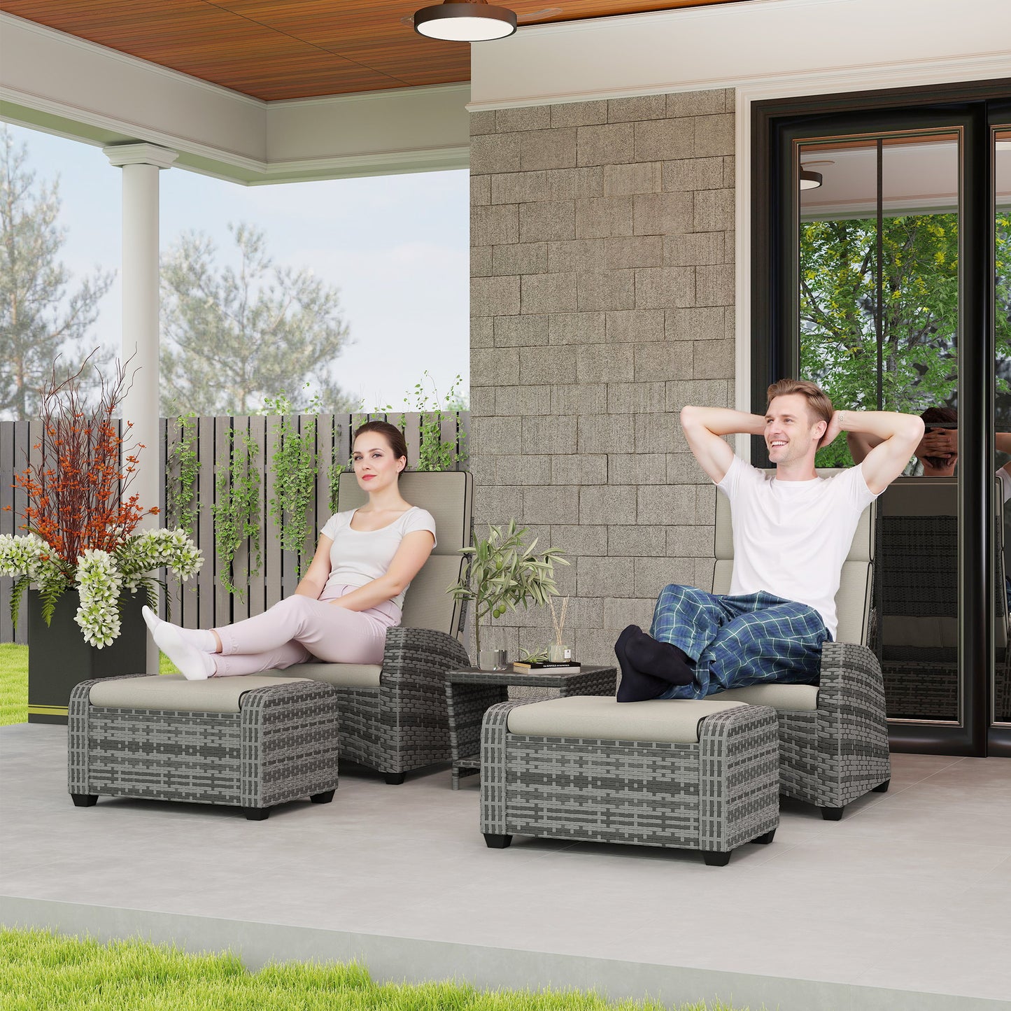5 PCs Rattan Garden Furniture Set with Reclining Chairs, Grey