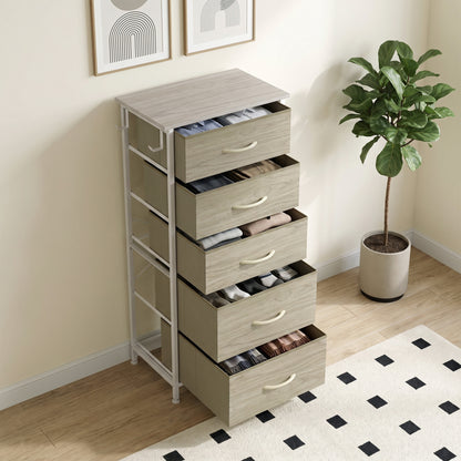 Fabric Chest of Drawers, 5 Drawer Dresser for Bedroom, Natural Wood