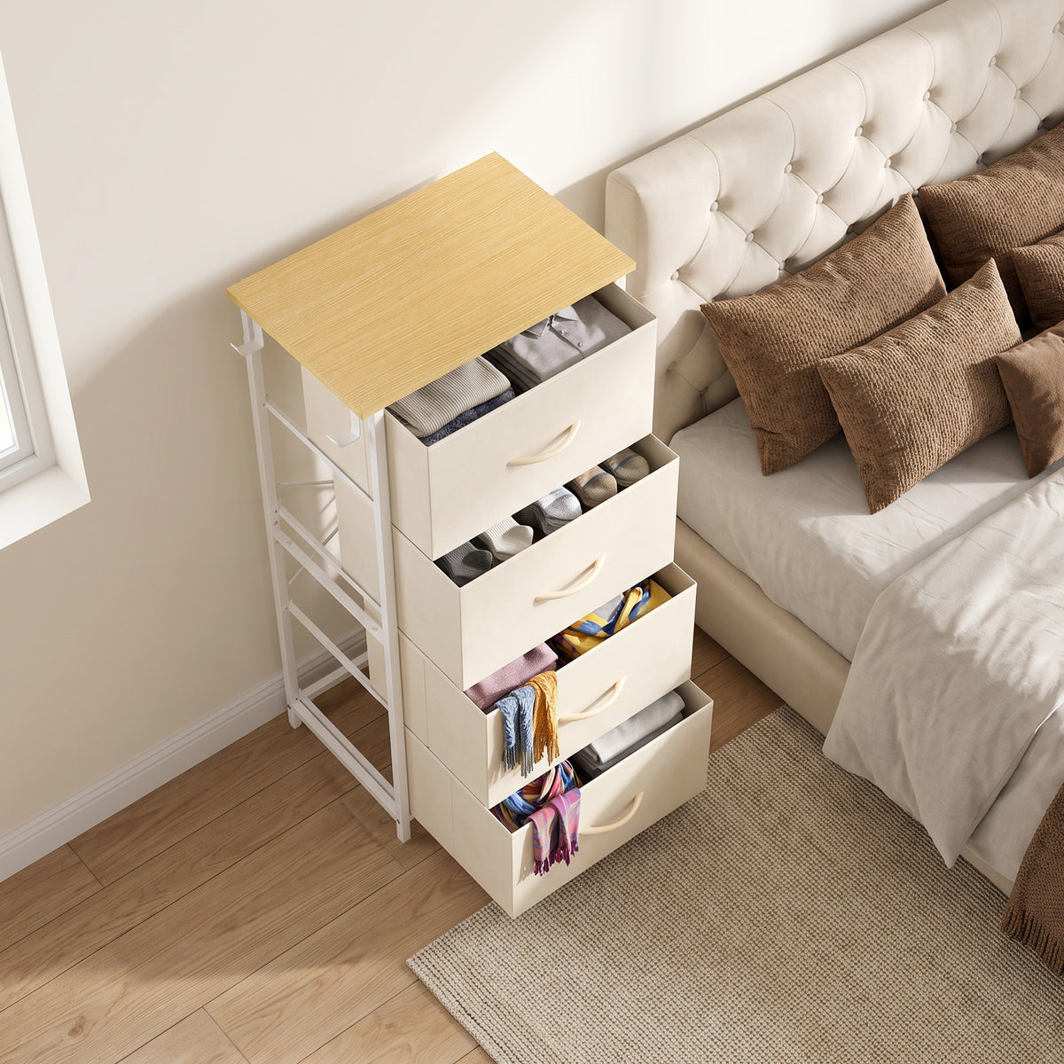 Fabric Chest of Drawers, 4 Drawer Dresser for Bedroom, Beige