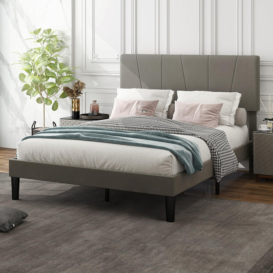 Double Bed Frame with 5-Level Adjustable Headboard Wooden Slats