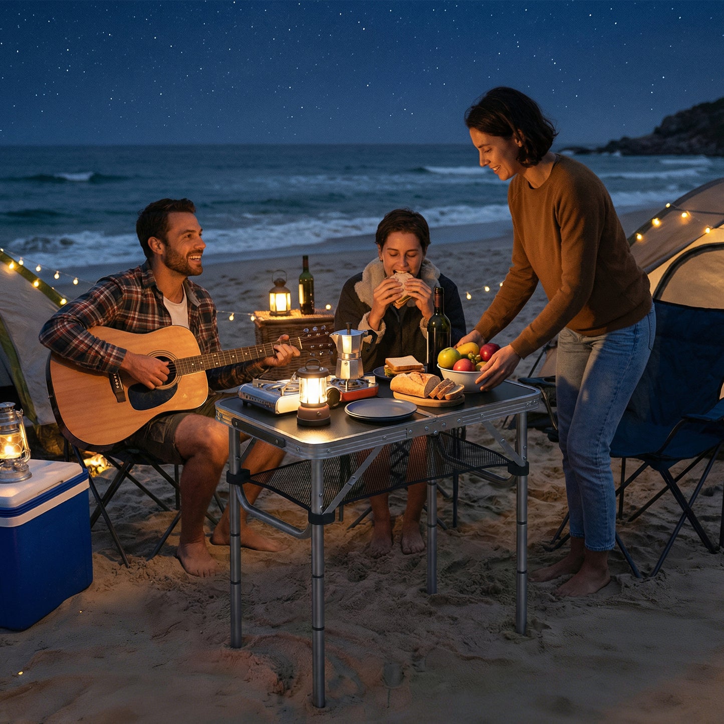 2ft Folding Camping Table, Picnic Table with Storage Layer, Black