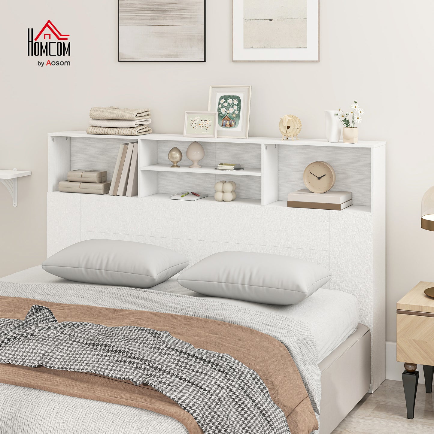 King Size Headboard with Storage and 4 Open Compartments, White