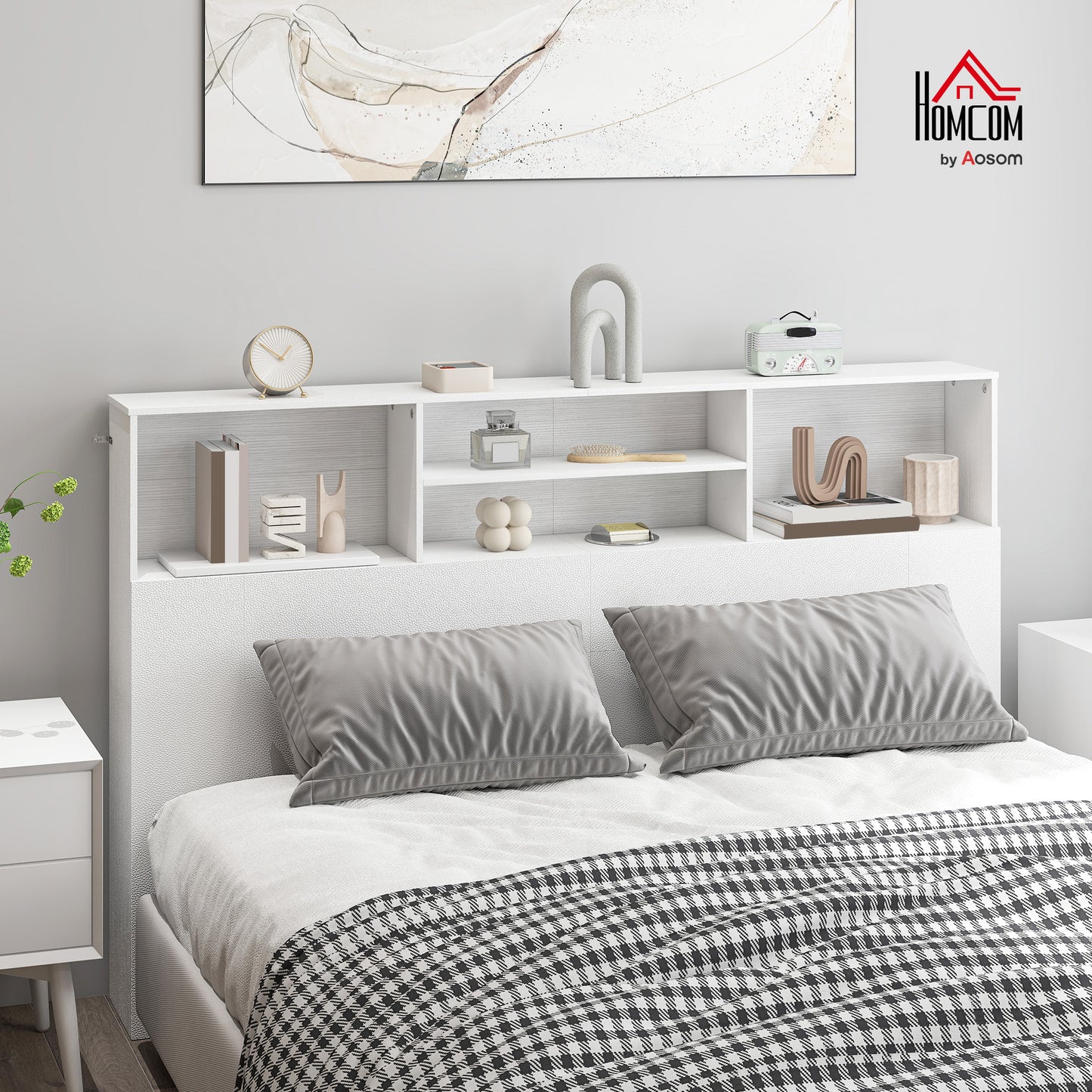 King Size Headboard with Storage and 4 Open Compartments, White