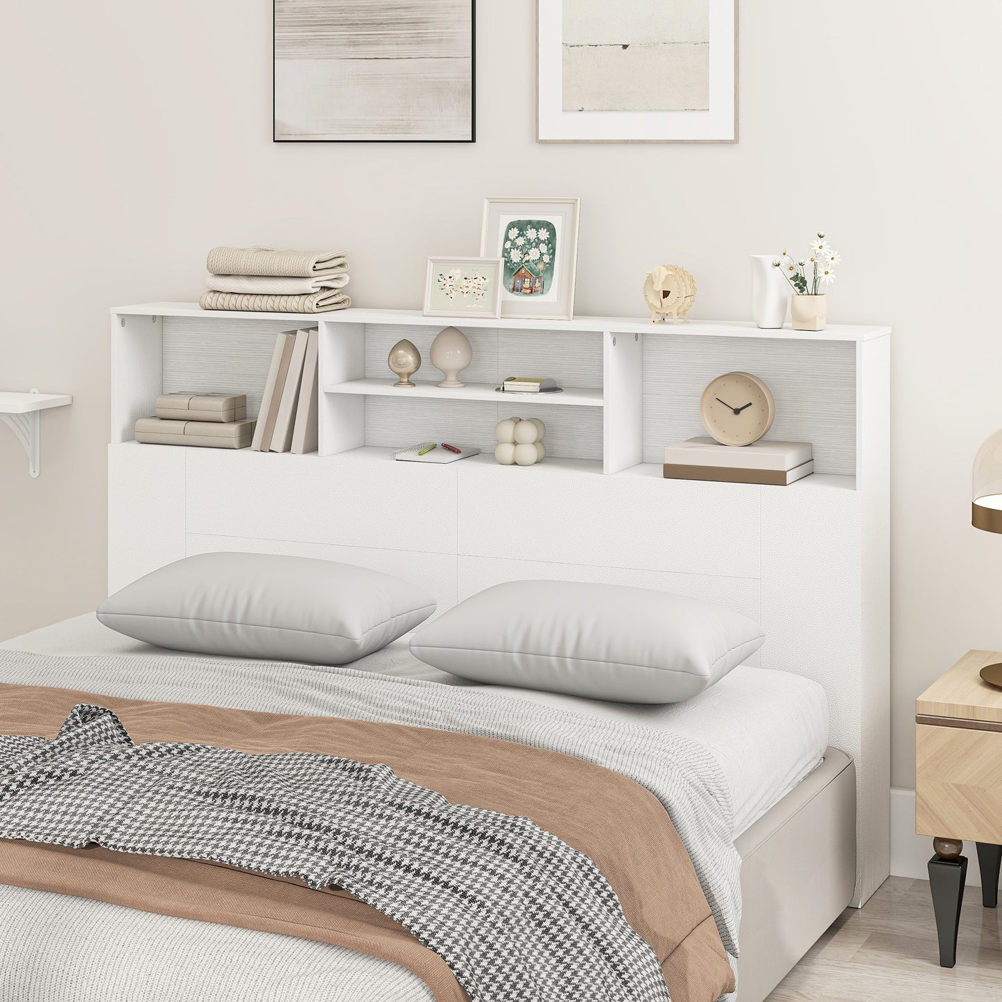 King Size Headboard with Storage and 4 Open Compartments, White