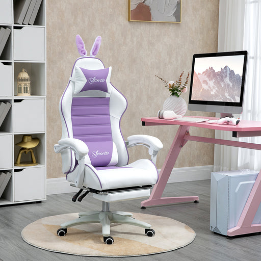 Racing Gaming Chair, Reclining PU Leather Computer Chair with Removable Rabbit Ears, Footrest, Headrest and Lumber Support, Purple