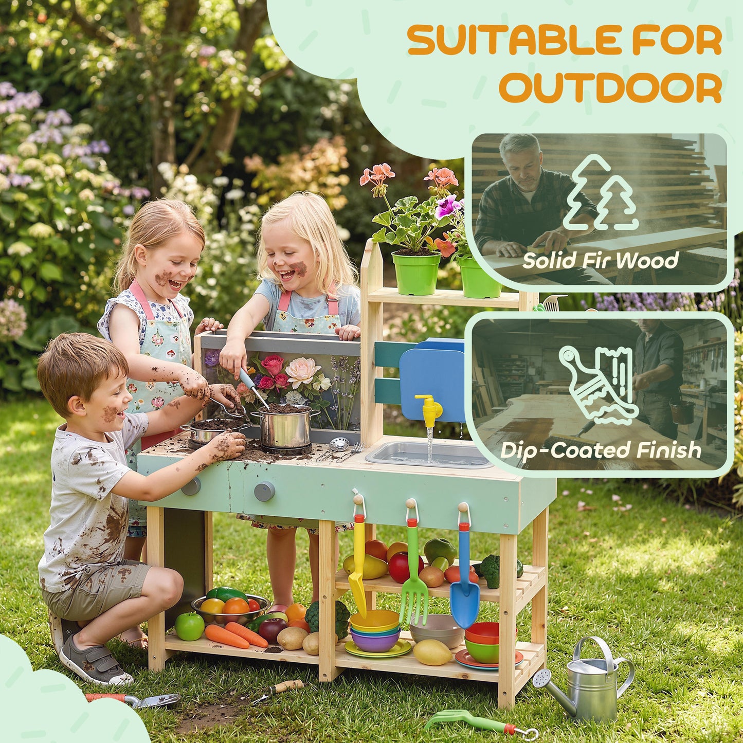 Mud Kitchen with Faucet, Kitchen Accessories, Garden Tools, Blue