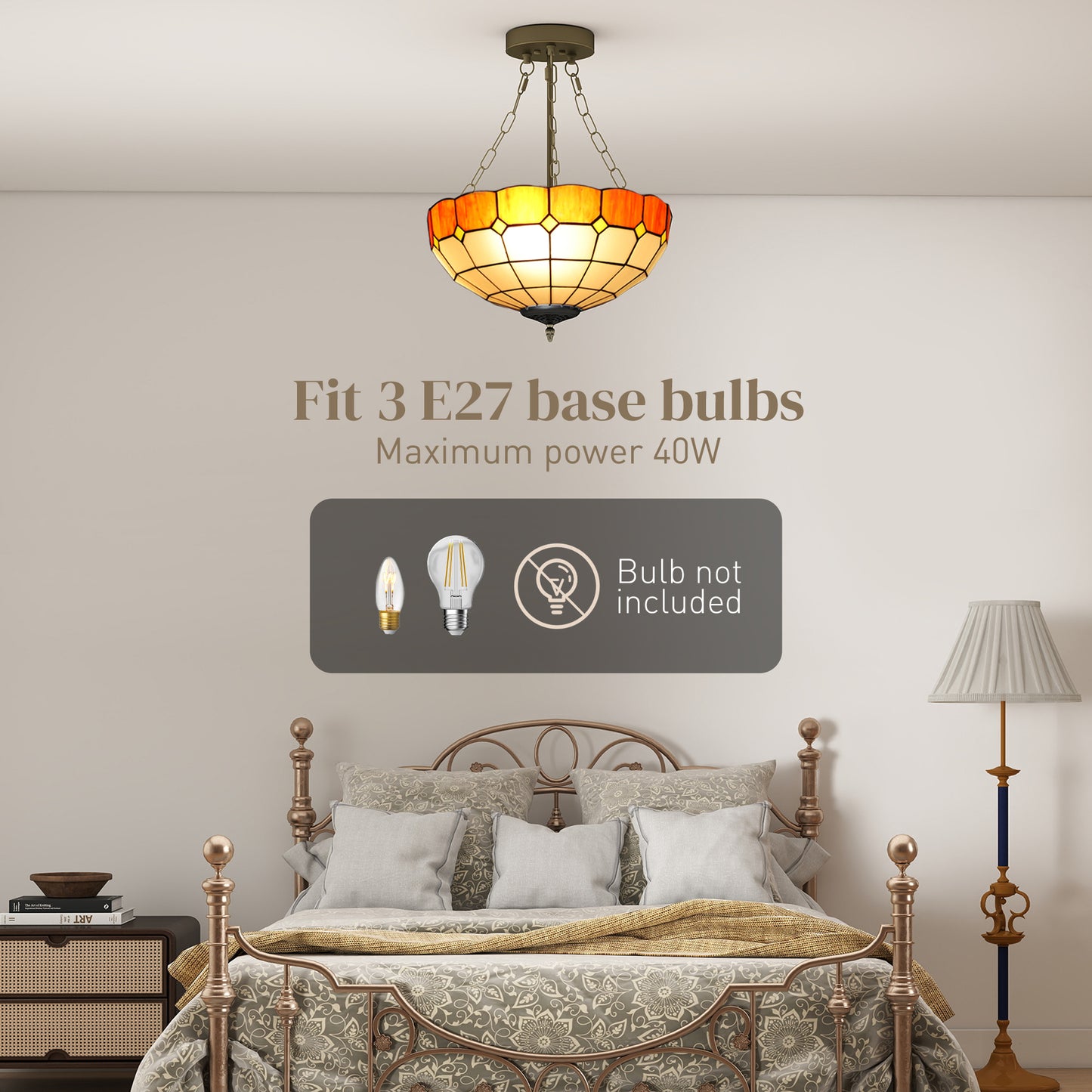 Tiffany Style Ceiling Light, Vintage Chandelier with 3 E27 Sockets