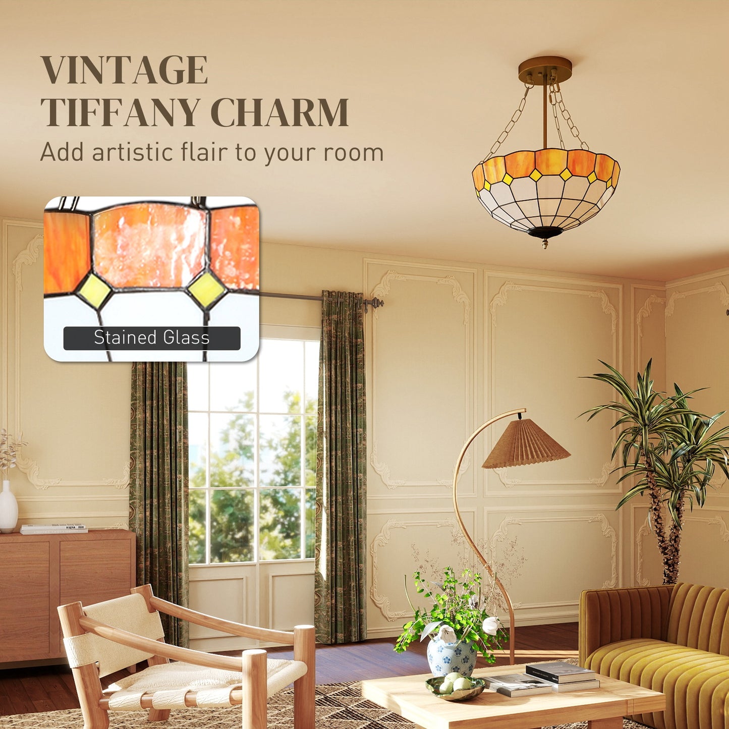 Tiffany Style Ceiling Light, Vintage Chandelier with 3 E27 Sockets