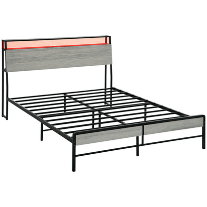 LED Double Bed Frame with Charging Station, 135 x 190cm, Cement Grey
