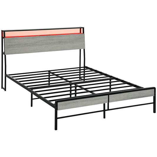 LED Double Bed Frame with Charging Station, 135 x 190cm, Cement Grey