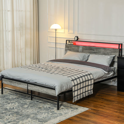 LED Double Bed Frame with Charging Station, 135 x 190cm, Cement Grey