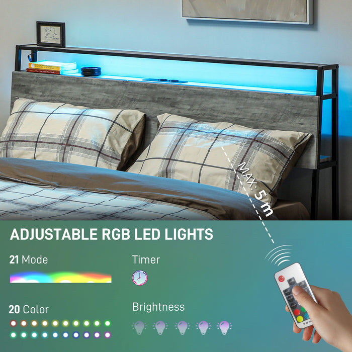 LED Double Bed Frame with Charging Station, 135 x 190cm, Cement Grey