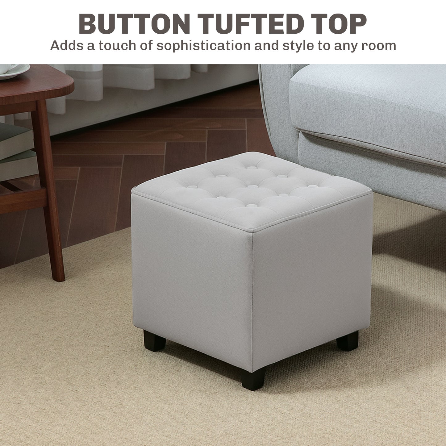 Square Footstool Small Ottoman w/ Wood Legs for Bedroom Light Grey