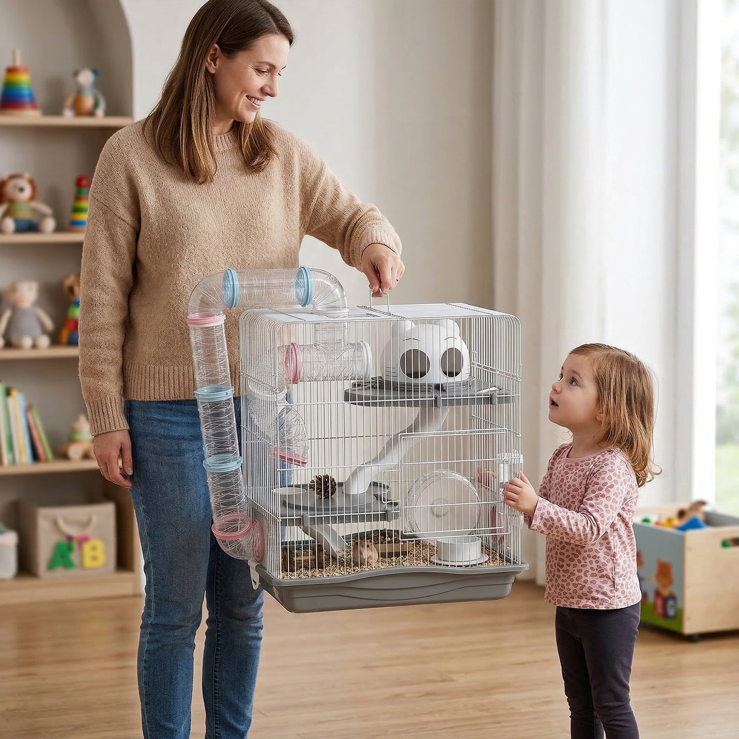 3-Tier Hamster Cage, Gerbil Cage with Exercise Wheel, Tunnel, Water Bottle, Food Dish, Hut, Ramp, for Dwarf Hamsters, 45 x 30 x 45 cm, Grey