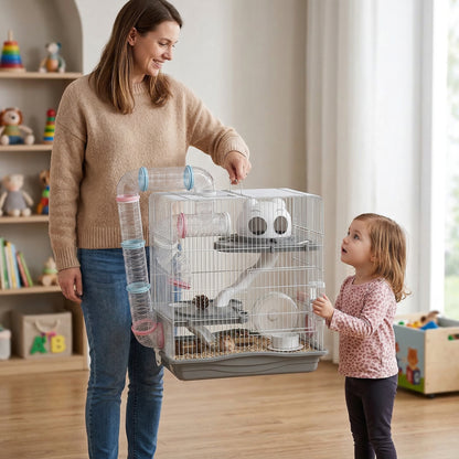 3-Tier Hamster Cage, Gerbil Cage with Exercise Wheel, Tunnel, Water Bottle, Food Dish, Hut, Ramp, for Dwarf Hamsters, 45 x 30 x 45 cm, Grey