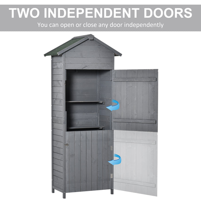 Wooden Garden Storage Shed Timber Tool Cabinet Organiser w/ Tilted-felt Roof, Shelves, Lockable Doors, 189 x 82 x 49 cm, Grey