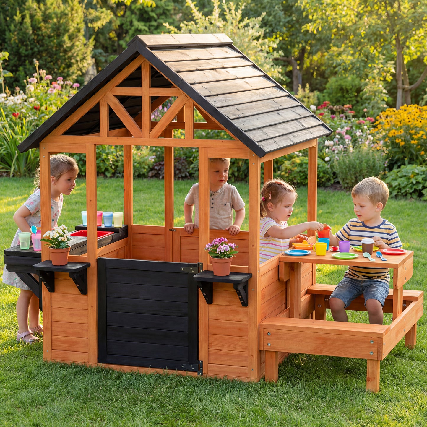 Wooden Playhouse for Kids with Table and Benches for Age 3-8, Brown