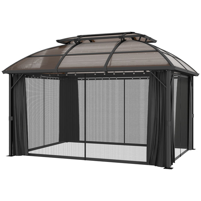 Aluminium Frame 4 x 3(m) Polycarbonate Gazebo with Curtains, Nettings, Double Roof for Lawn, Yard, Patio, Deck, Brown