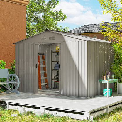 9 x 6FT Galvanised Garden Storage Shed with Sliding Door, Grey