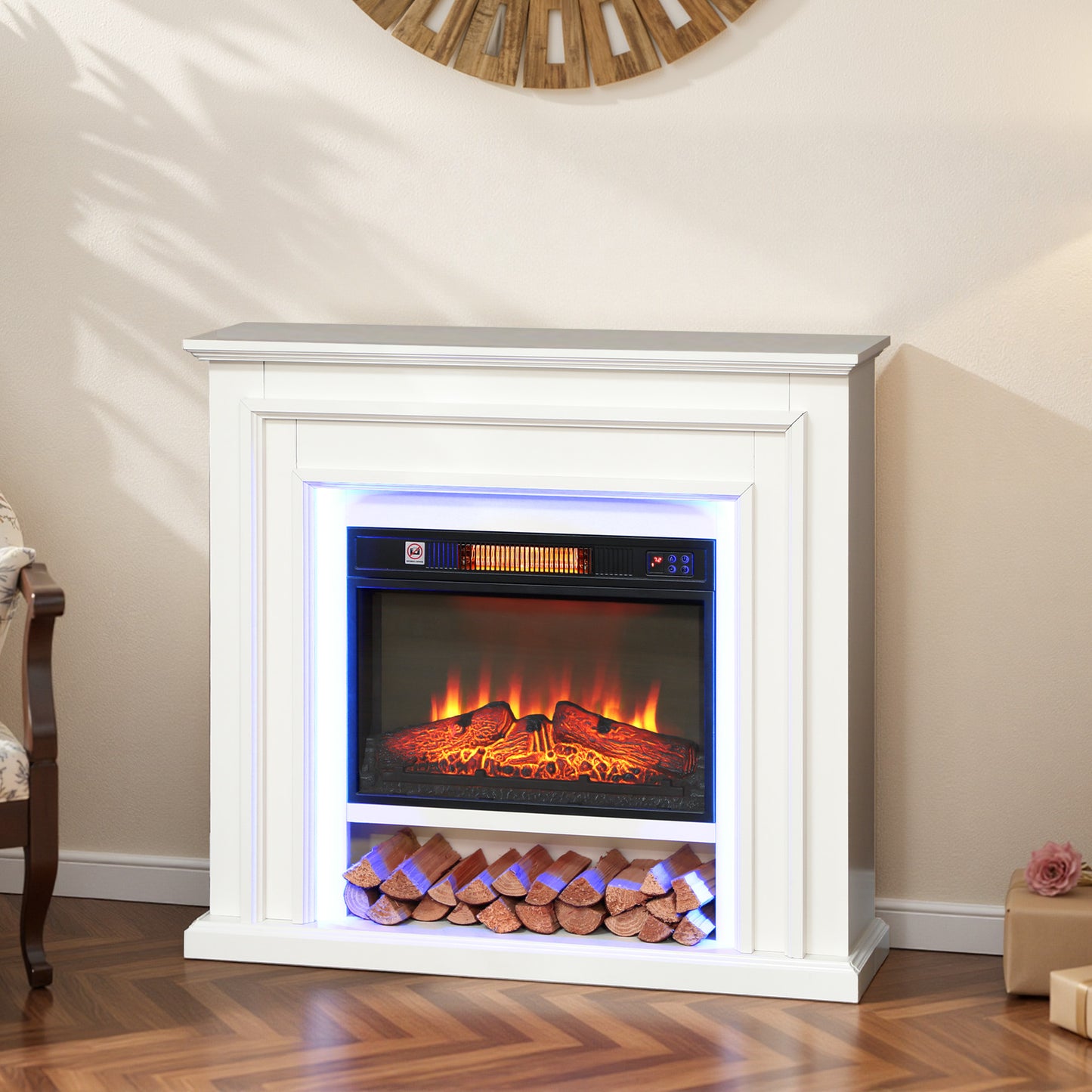 Electric Fireplace with Surround, LED Lights, 38" 1800W Inset Electric Fire and Mantel Reach up to 30 m² with Realistic Flame Effect