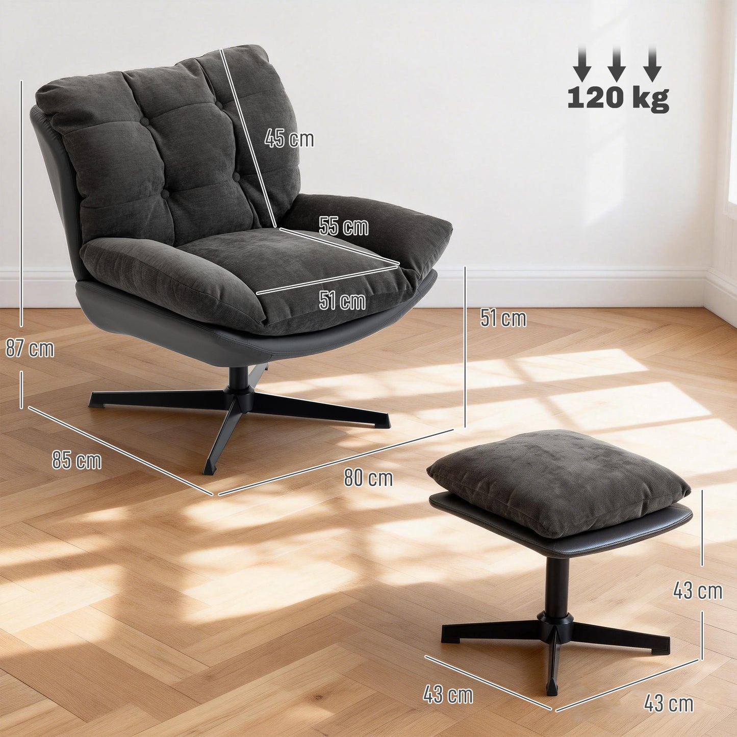 Accent Chair with Footstool, Modern Swivel Lounge Chair, Dark Grey