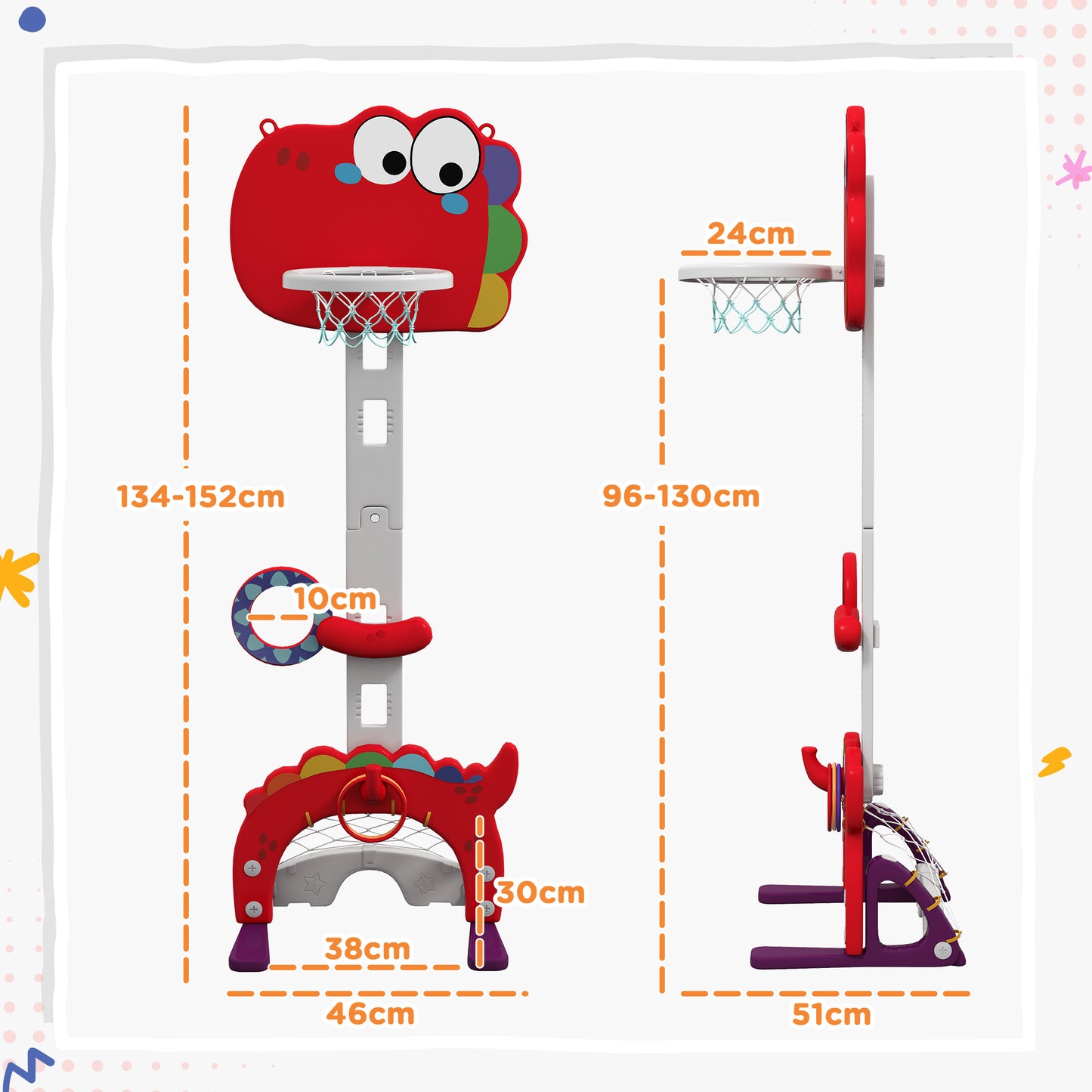 5-in-1 Basketball Set with Adjustable 96-130 cm Height, Red