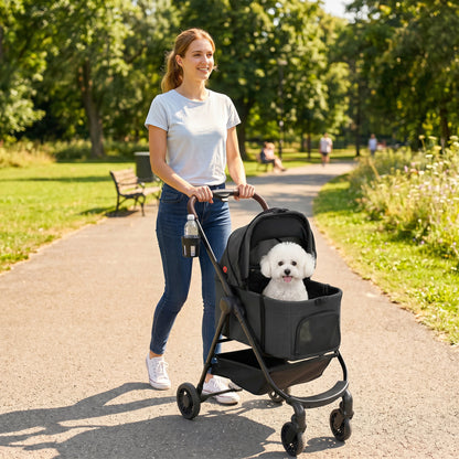 Dog Stroller, 3 in 1 Foldable Pet Stroller for Small Puppy Cat with Detachable Travel Carrier, 4 Wheels Dog Pram with Storage Basket, Seat Leashes, Mesh Window, Black