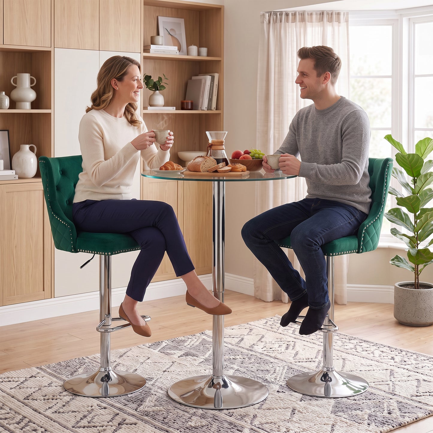 Bar Stools Set of 2, Swivel Velvet Barstools with Footrest, Green