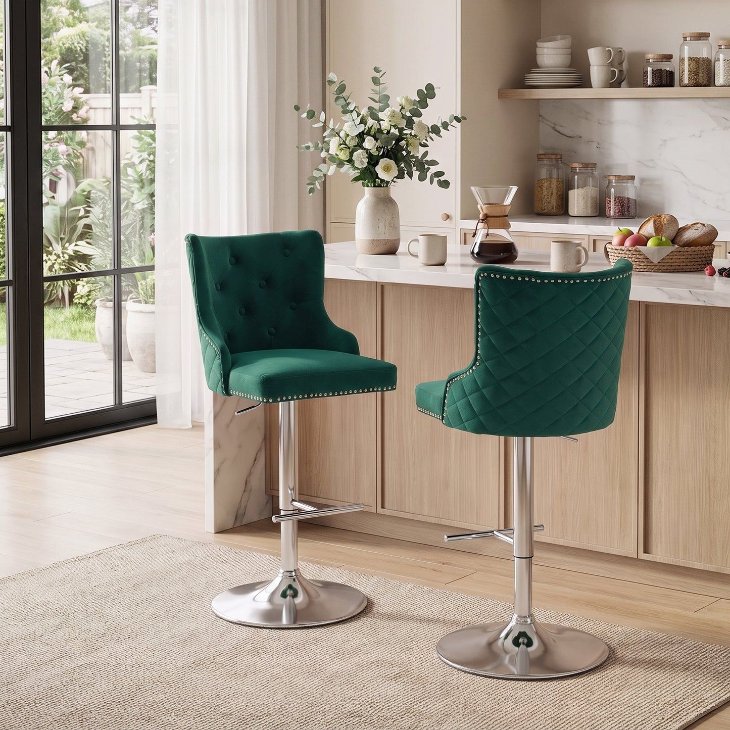 Bar Stools Set of 2, Swivel Velvet Barstools with Footrest, Green