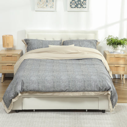 Double Bed Frame with Storage and Adjustable Velvet Headboard, Cream