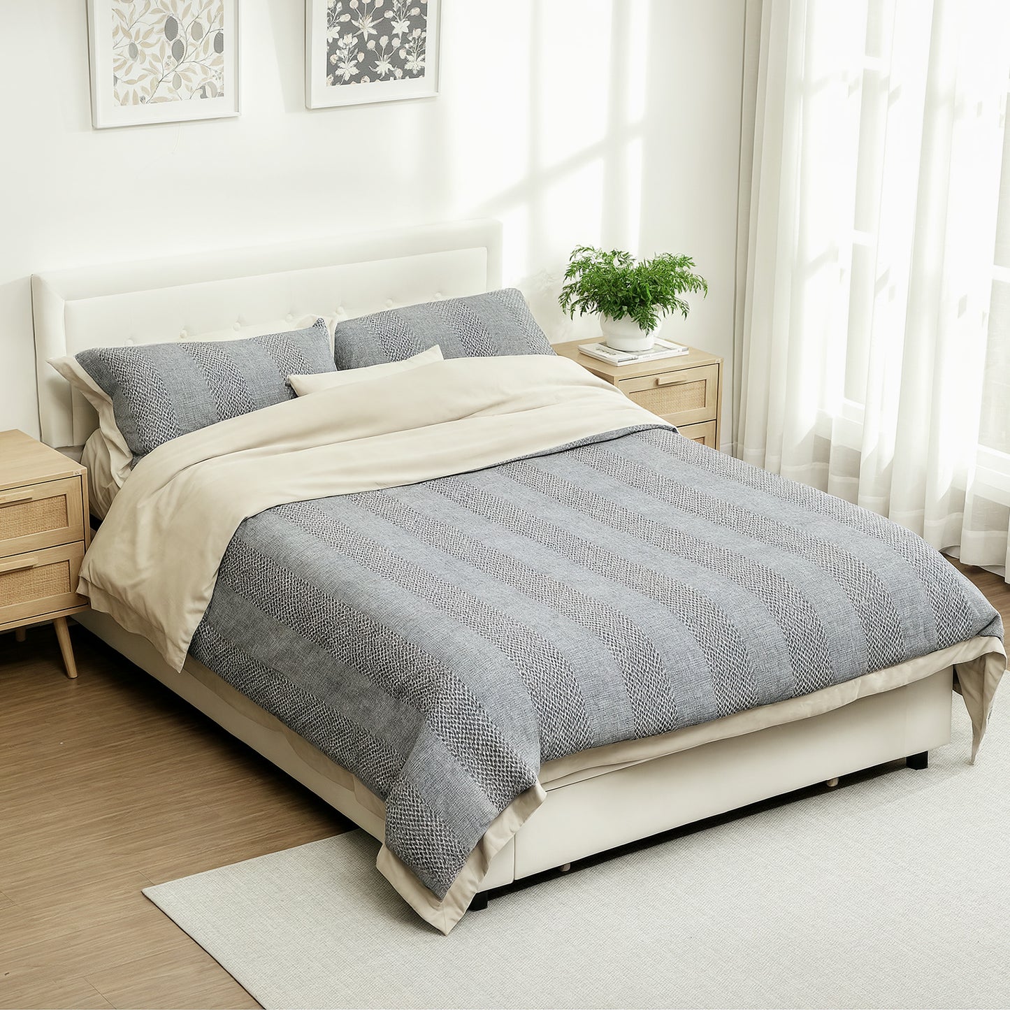 Double Bed Frame with Storage and Adjustable Velvet Headboard, Cream