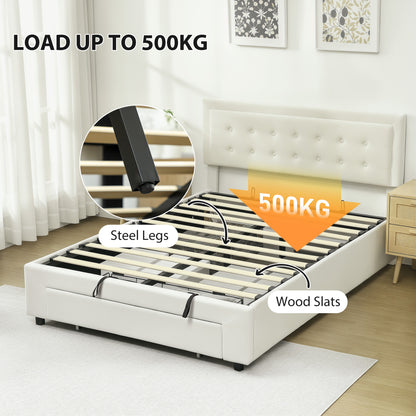 Double Bed Frame with Storage and Adjustable Velvet Headboard, Cream