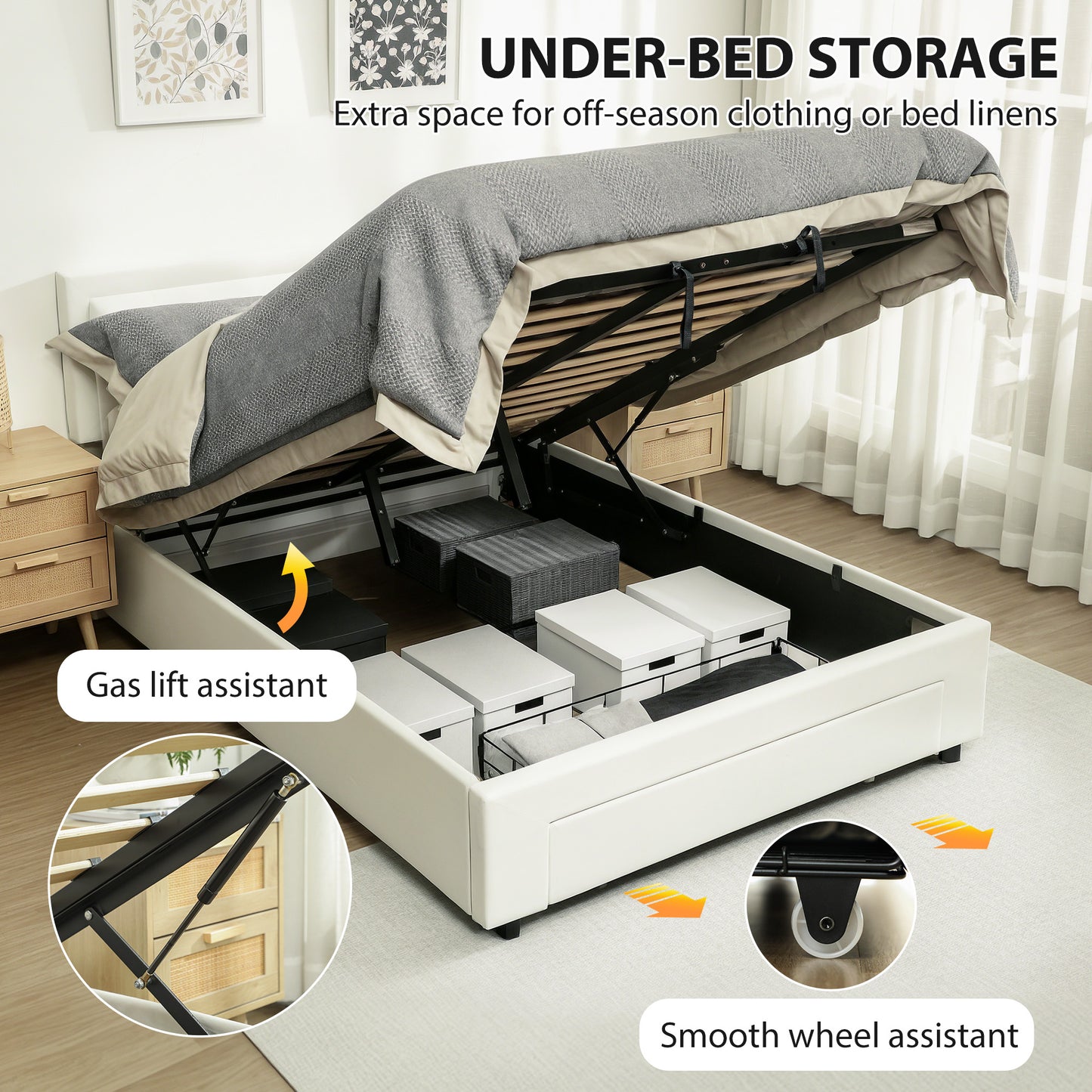 Double Bed Frame with Storage and Adjustable Velvet Headboard, Cream