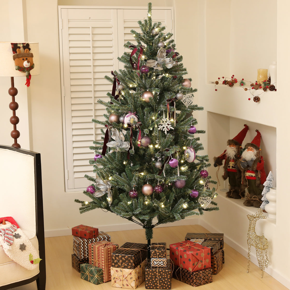 6ft Artificial Prelit Christmas Tree w/ LED Lights, Purple Ornaments