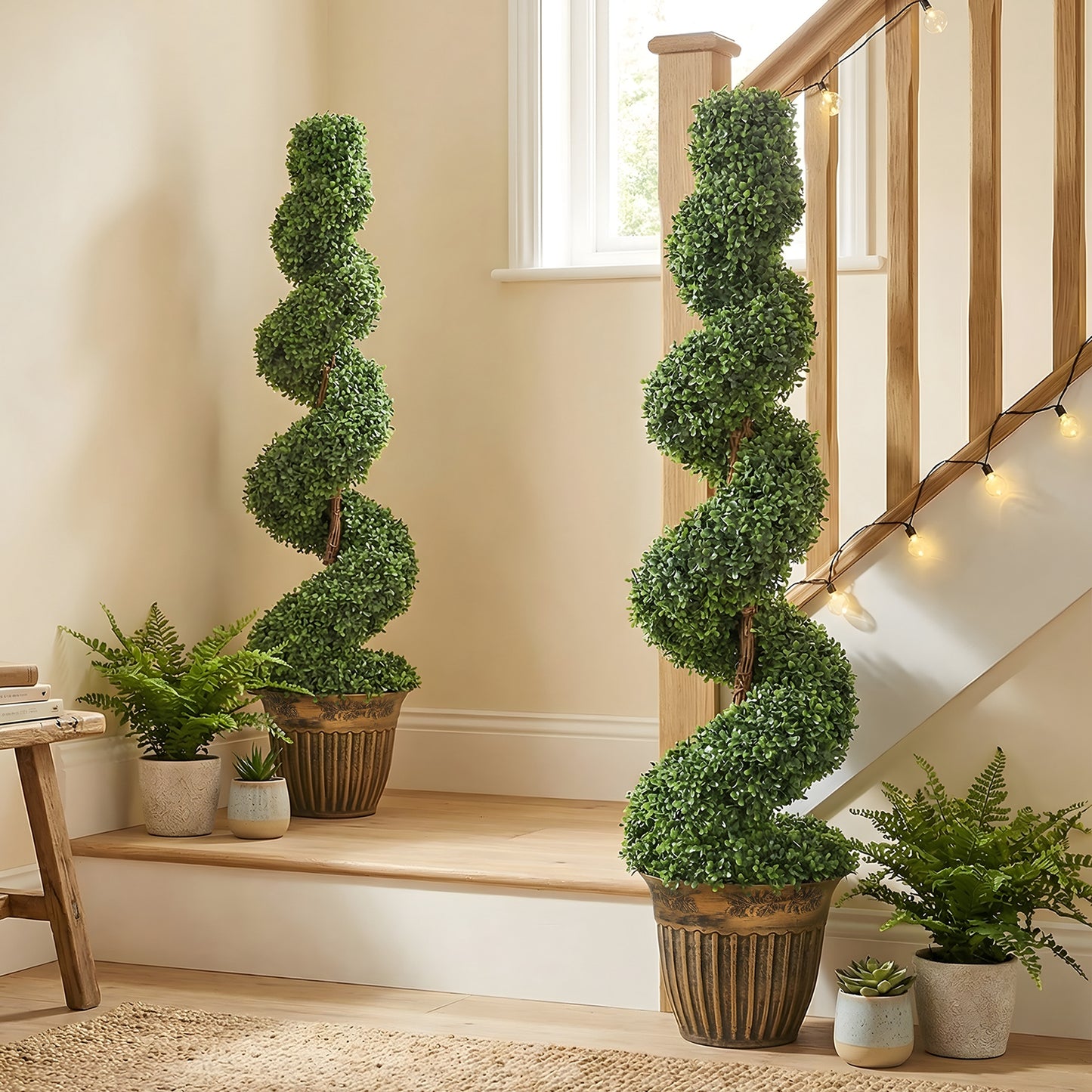 Set of 2 Potted Artificial Plants, Topiary Spiral Boxwood Trees