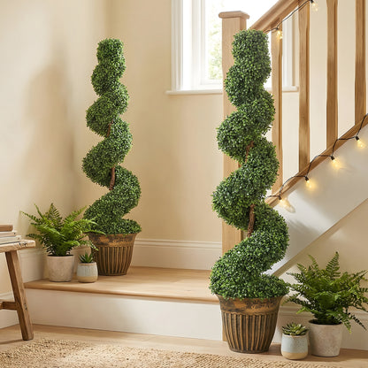 Set of 2 Potted Artificial Plants, Topiary Spiral Boxwood Trees