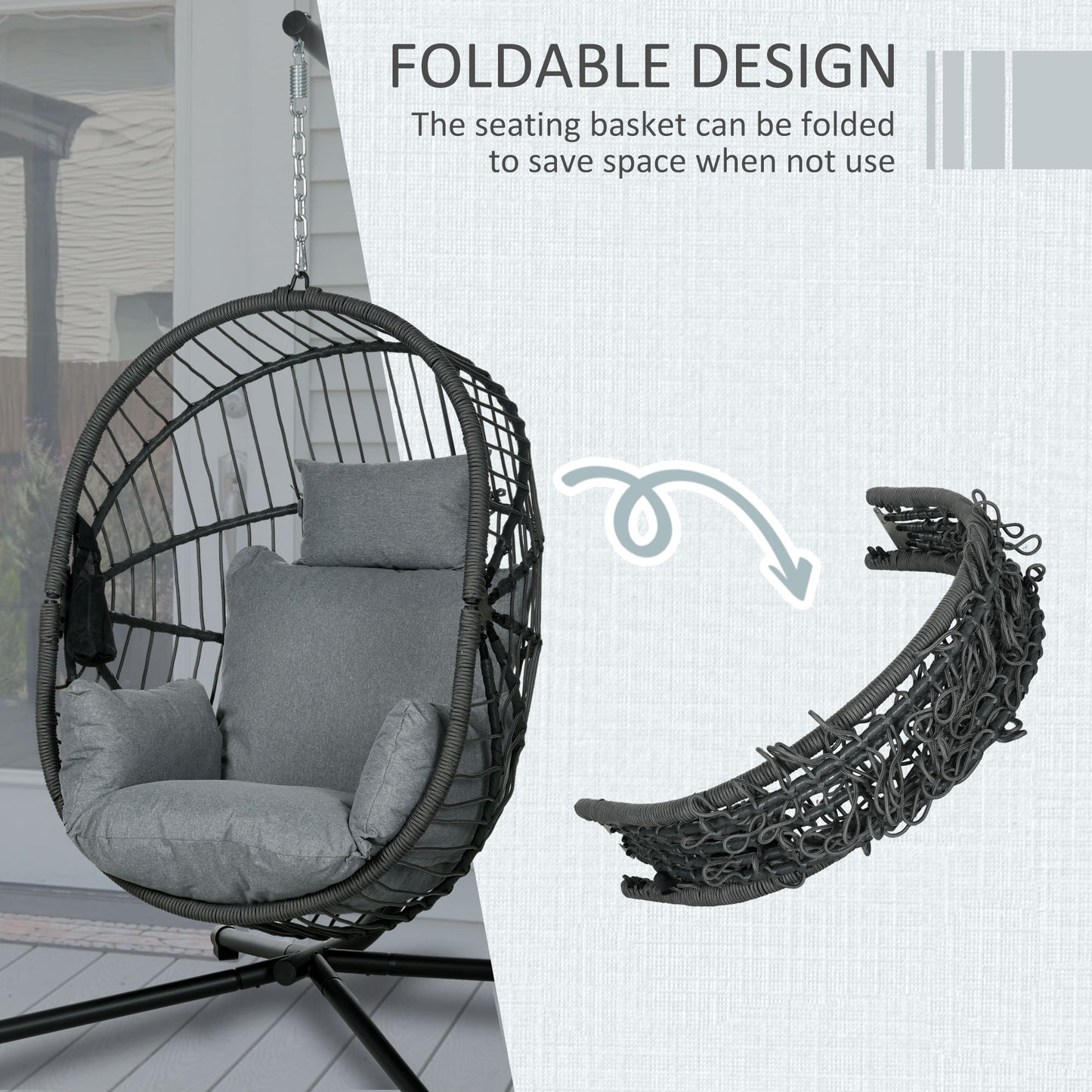 Outdoor Swing Chair with Thick Padded Cushion, Patio Hanging Chair with Metal Stand, Foldable Basket, Cup Holder, Rope Structure
