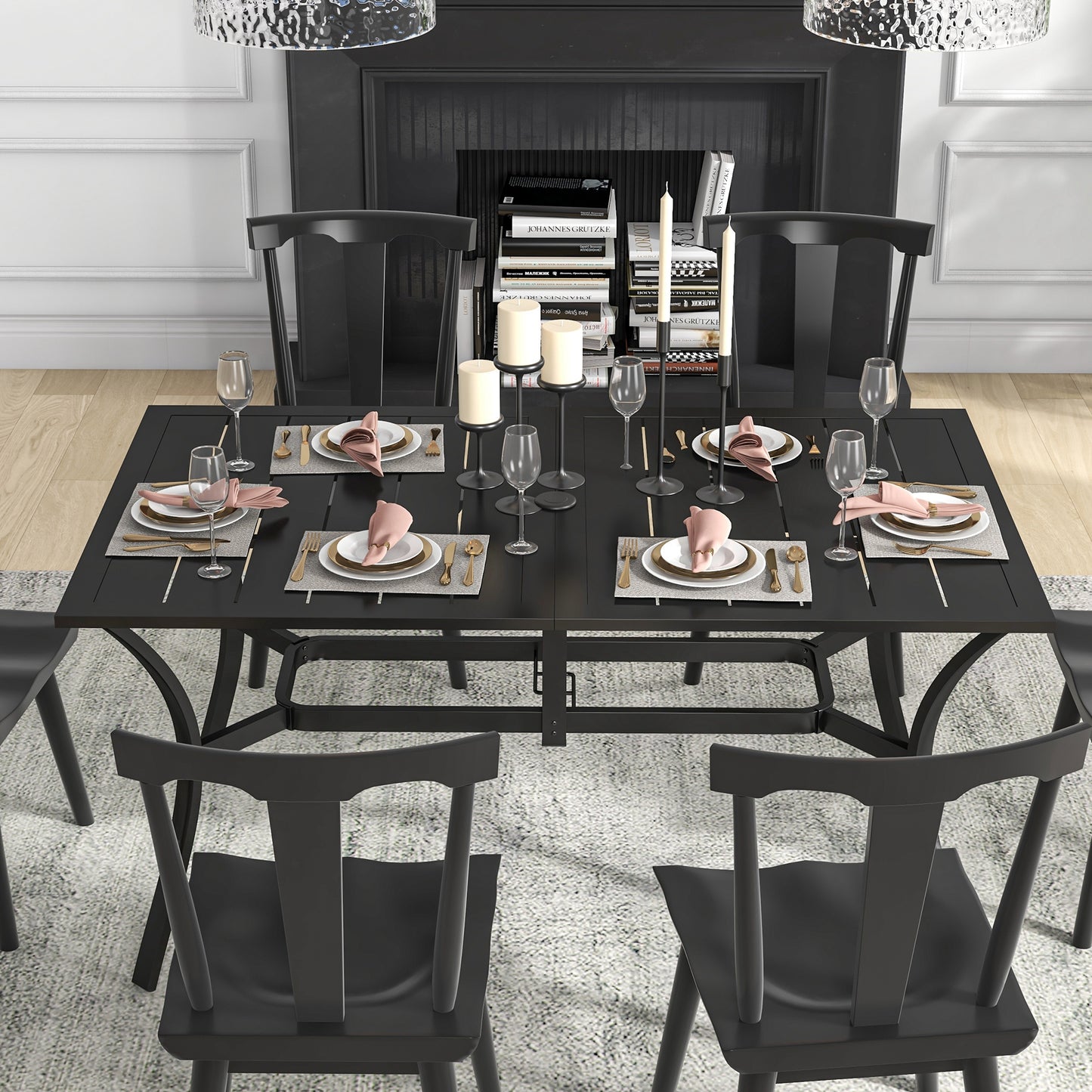 Rectangle Garden Dining Table with Parasol Hole, Patio Table with Steel Frame and Slat Tabletop, 150cm x 90cm, Black