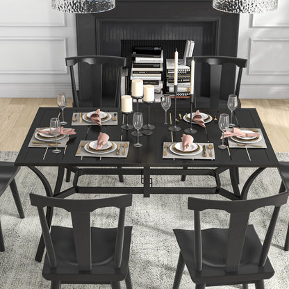 Rectangle Garden Dining Table with Parasol Hole, Patio Table with Steel Frame and Slat Tabletop, 150cm x 90cm, Black