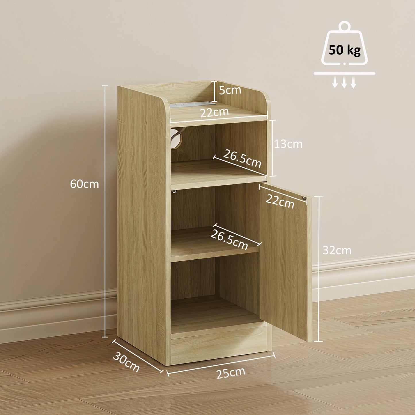 Slim Bedside Table Set of 2 with Charging Station, Oak