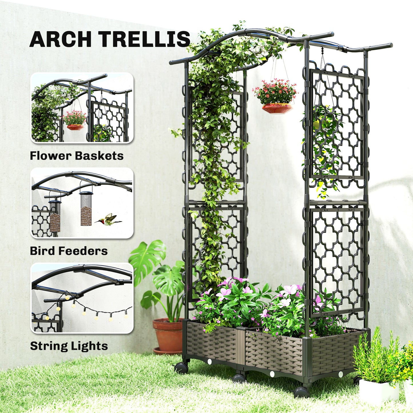 Raised Garden Bed with Arch Trellis, Plastic Raised Bed for Garden