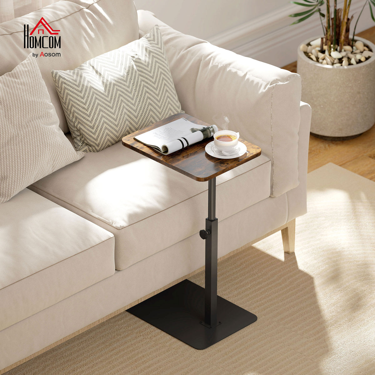 Side Table, C Shaped End Table with Adjustable Height and Metal Base