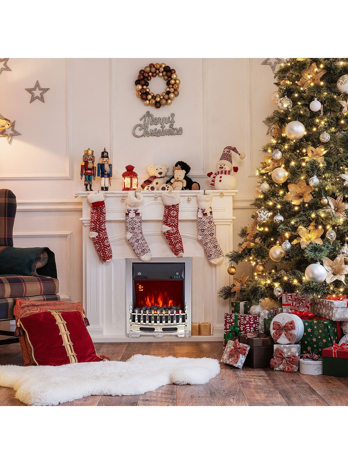 Electric Fireplace 1 & 2KW LED Fire Remote Control Heater Silver