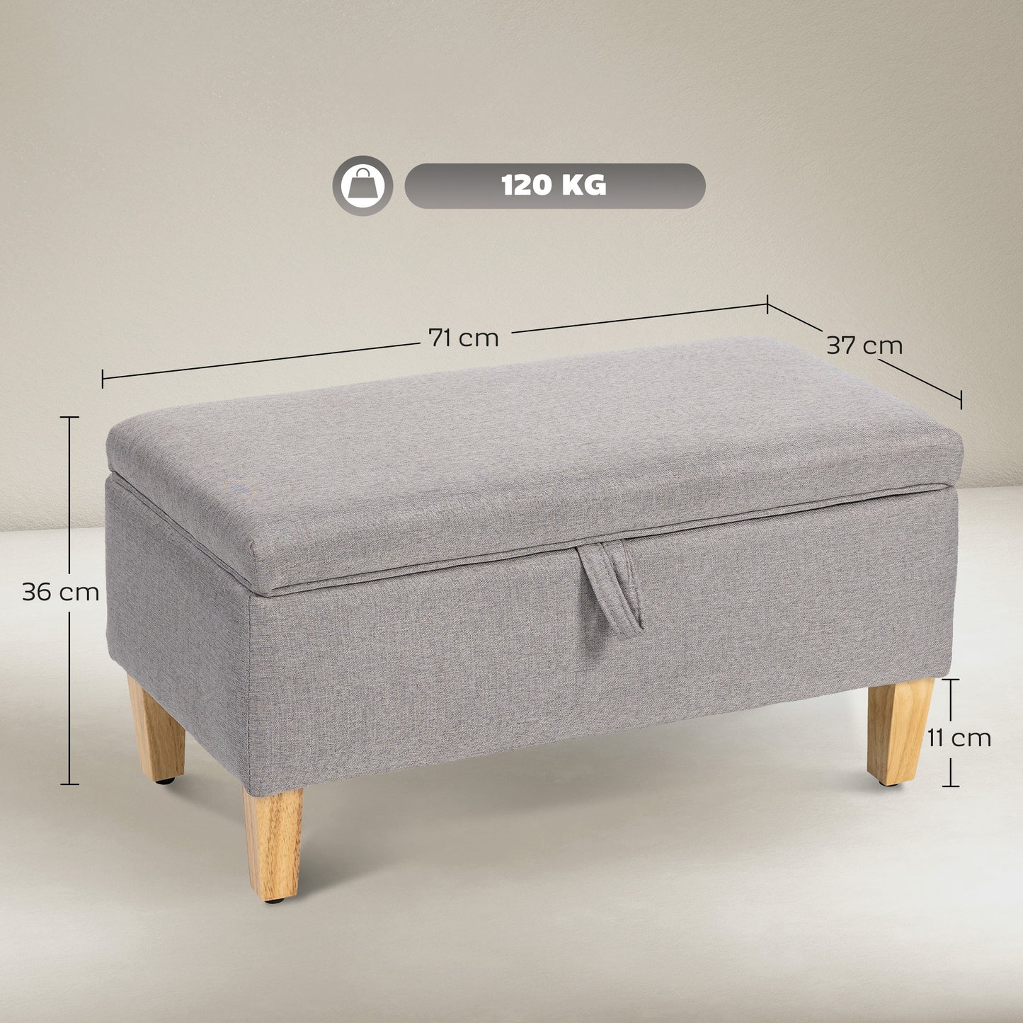 Linen Storage Ottoman Storage Box with Rubberwood Legs, Light Grey
