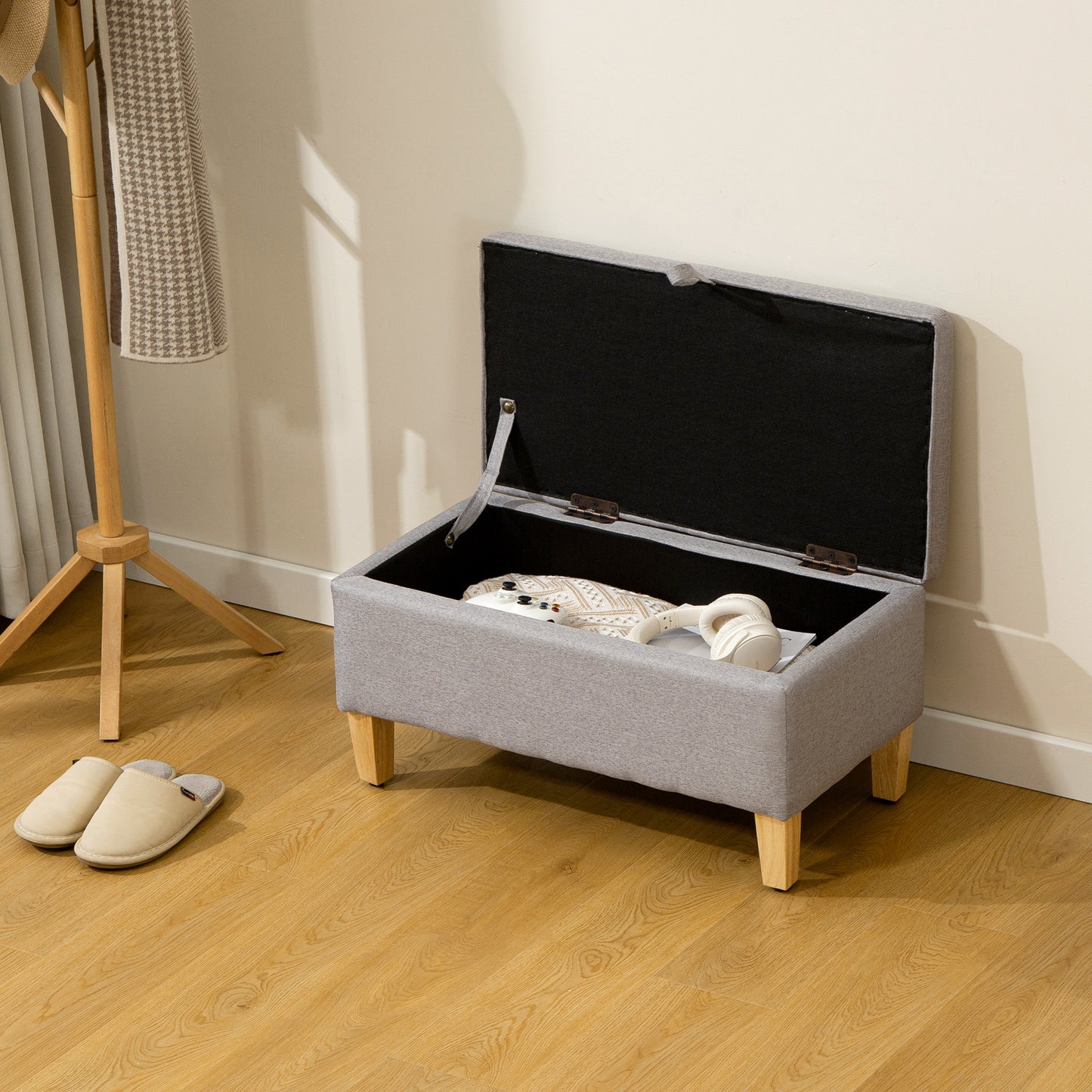 Linen Storage Ottoman Storage Box with Rubberwood Legs, Light Grey