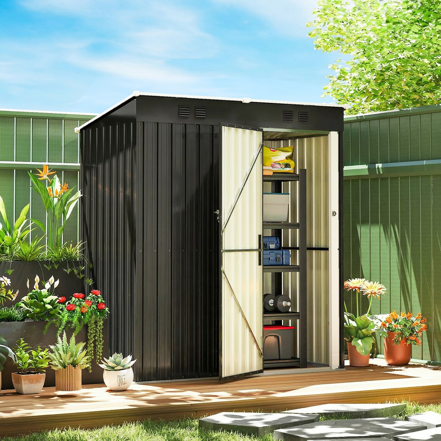 5 x 3 ft Lean-to Garden Shed, Outdoor Storage Shed, Dark Grey