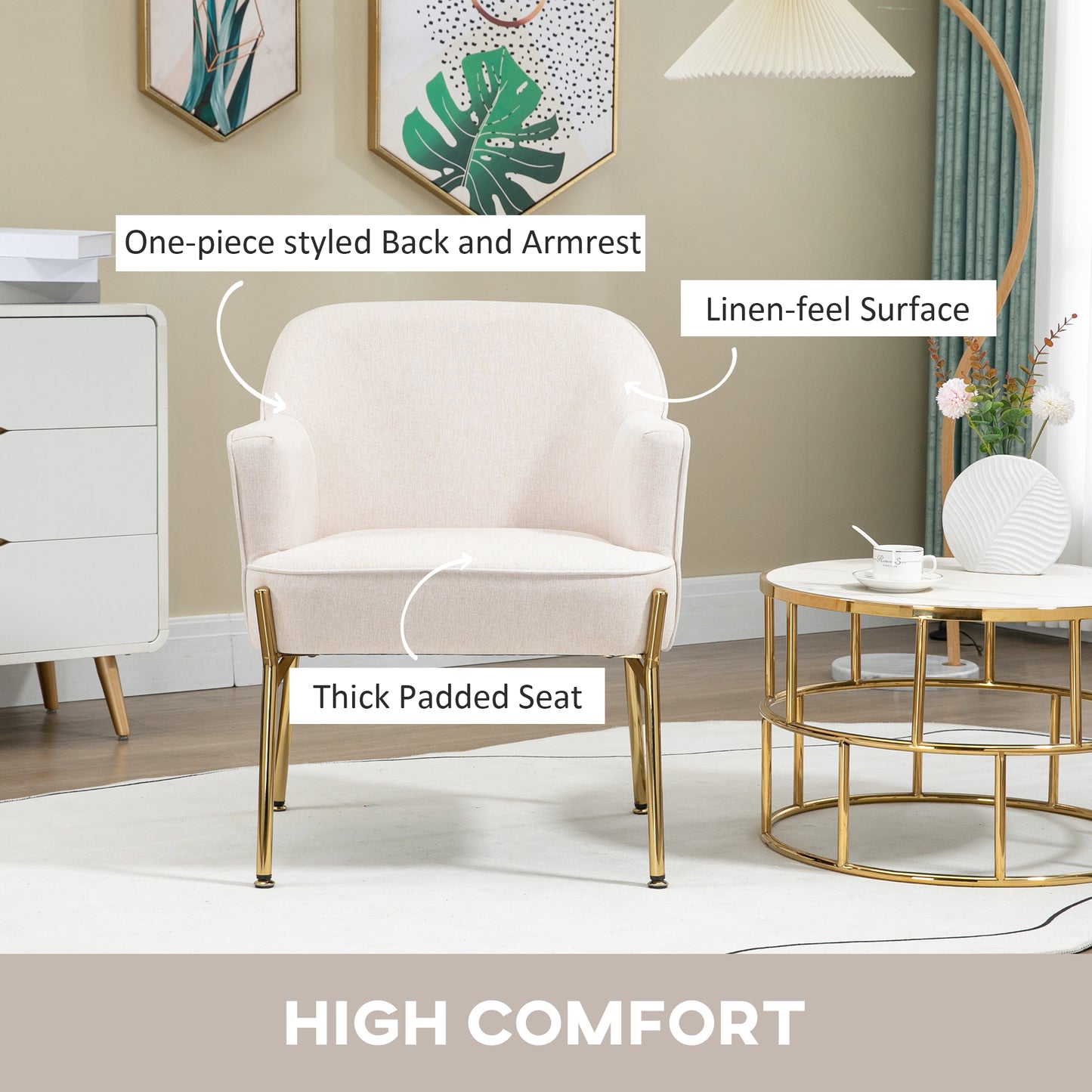 Fabric Armchair Accent Chair w/ Metal Legs for Living Room Bedroom Cream