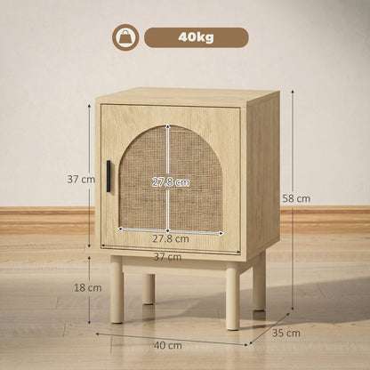 Rattan Bedside Table, Boho Bedside Cabinet with Adjustable Shelf and Solid Wood Legs, Side Table for Living Room, Bedroom, Natural Wood