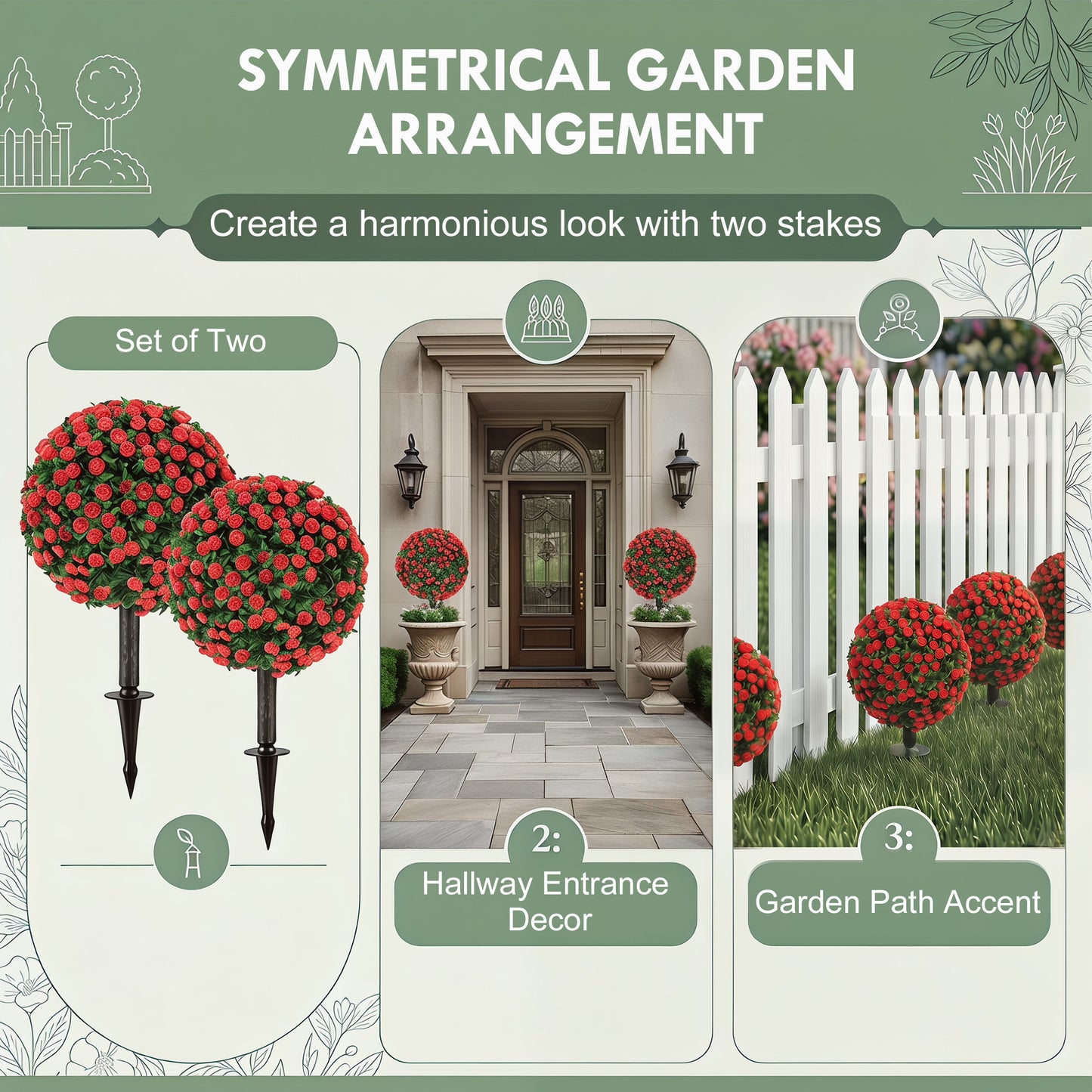 Set of 2 55 cm Artificial Rose Topiary with Ground Stake, UV-Resistant Fake Plants with 306 Roses and Leaves for Indoor Outdoor Home Office Garden Decor, Red