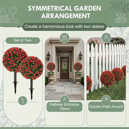 Set of 2 55 cm Artificial Rose Topiary with Ground Stake, UV-Resistant Fake Plants with 306 Roses and Leaves for Indoor Outdoor Home Office Garden Decor, Red